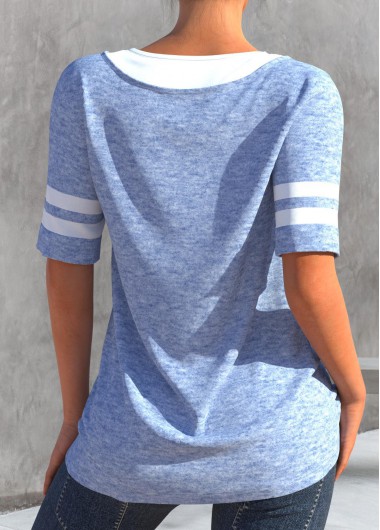 Light Blue tops,Contrast Color tops,ROTITA Button Light Blue Round Neck T Shirt