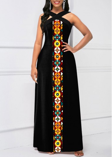Black dresses,Tribal dresses,Geometric dresses,Striped dresses,ROTITA Criss Cross Tribal Print Black Sleeveless Maxi Dress