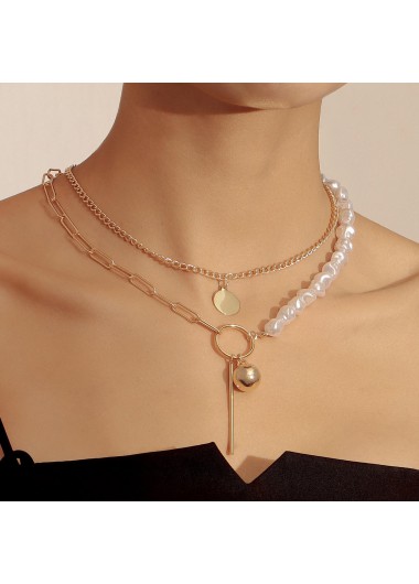 Gold jewelry,Plain Color jewelry,Geometric Detail Gold Pearl Design Necklace