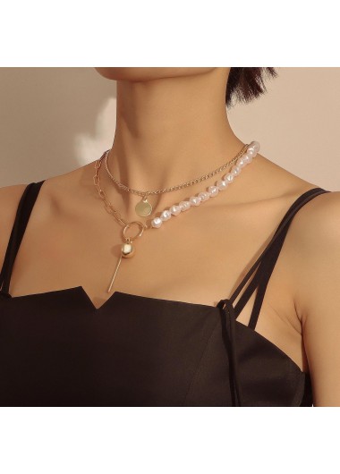 Gold jewelry,Plain Color jewelry,Geometric Detail Gold Pearl Design Necklace
