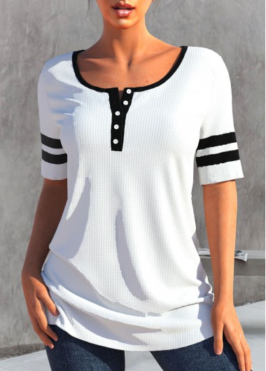 White tops,Contrast Color tops,Striped tops,ROTITA Patchwork White Round Neck Short Sleeve T Shirt