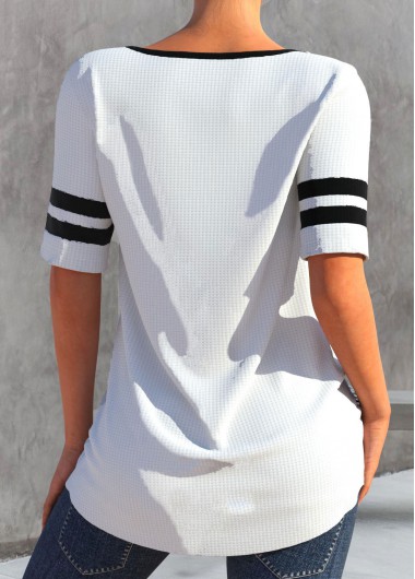 White tops,Contrast Color tops,Striped tops,ROTITA Patchwork White Round Neck Short Sleeve T Shirt