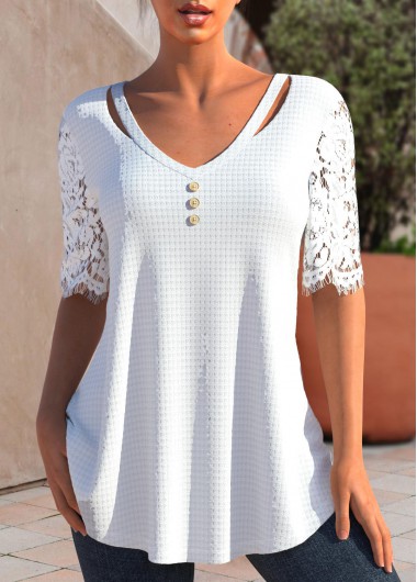 White tops,Plain Color tops,ROTITA Lace White V Neck Half Sleeve T Shirt
