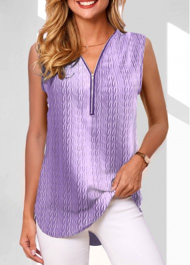 Purple tops,Plain Color tops,ROTITA Zipper Purple V Neck Tank Top