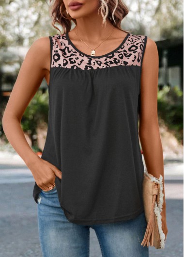 Dark Grey tops,Leopard tops,Patchwork Leopard Dark Grey Round Neck Tank Top