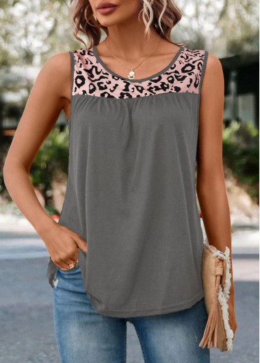 Grey tops,Leopard tops,Patchwork Leopard Grey Round Neck Tank Top