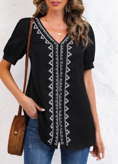 Black tops,Tribal tops,ROTITA Embroidery Tribal Print Black V Neck Blouse