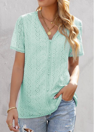 Mint Green tops,Plain Color tops,ROTITA Embroidery Mint Green V Neck Short Sleeve Blouse