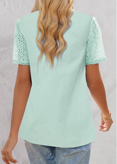 Mint Green tops,Plain Color tops,ROTITA Embroidery Mint Green V Neck Short Sleeve Blouse