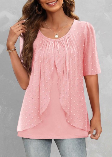 Pink tops,Plain Color tops,ROTITA Fake 2in1 Pink Round Neck T Shirt