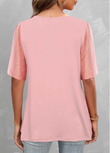 Pink tops,Plain Color tops,ROTITA Fake 2in1 Pink Round Neck T Shirt
