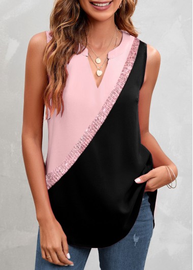 Pink tops,Black tops,Contrast Color tops,ROTITA Patchwork Pink Split Neck Tank Top