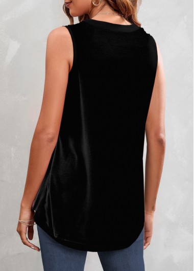 Pink tops,Black tops,Contrast Color tops,ROTITA Patchwork Pink Split Neck Tank Top