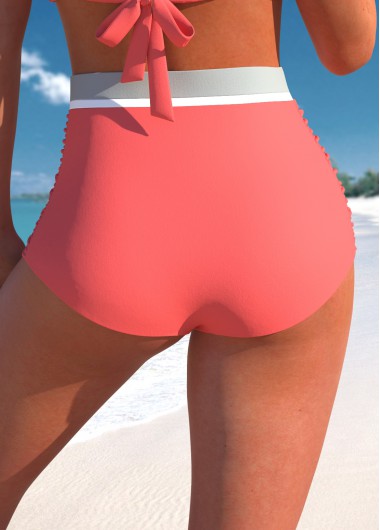 Coral swimwear,Contrast Color swimwear,ROTITA Coral Ruched High Waisted Bikini Bottom