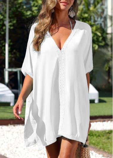White swimwear,Plain Color swimwear,Lace V Neck White Cover Up