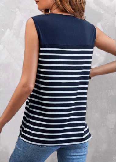 Navy tops,Striped tops,ROTITA Button Striped Navy Round Neck Tank Top