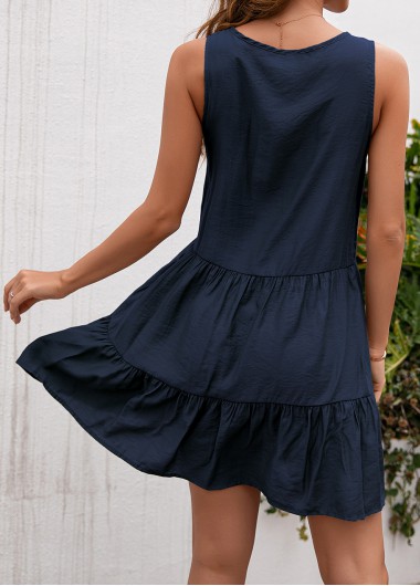 Navy dresses,Plain Color dresses,Tassel Navy Short A Line Round Neck Dress