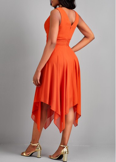 Orange dresses,Plain Color dresses,ROTITA Handkerchief Hem Orange V Neck Sleeveless Dress