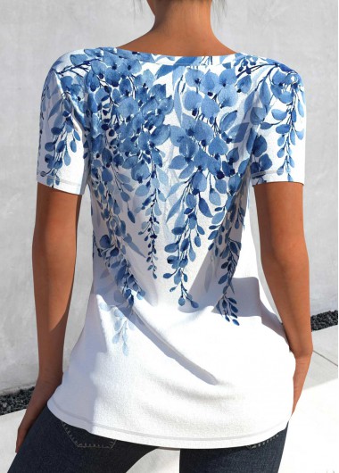 Light Blue tops,White tops,Plants tops,Ombre tops,ROTITA Cut Out Leaf Print Light Blue T Shirt