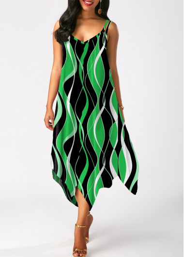 Green dresses,Black dresses,Striped dresses,Geometric dresses,ROTITA Handkerchief Hem Striped Sleeveless Green Dress