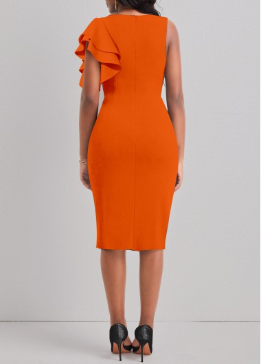 Orange dresses,Plain Color dresses,ROTITA Ruffle Orange V Neck Short Sleeve Bodycon Dress