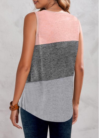 Grey tops,Pink tops,Contrast Color tops,ROTITA Button Grey V Neck Tank Top
