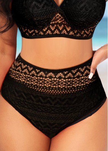 Black swimwear,Plain Color swimwear,ROTITA Black High Waisted Lace Stitching Bikini Bottom