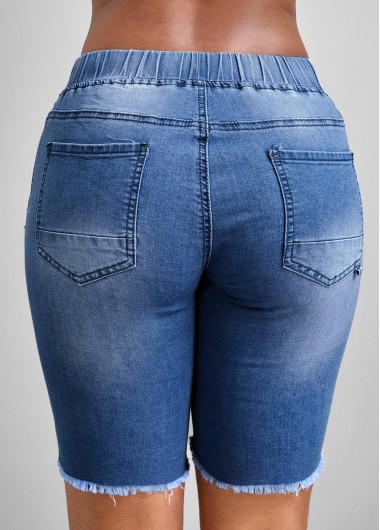 Blue bottoms,Plain Color bottoms,Hole Blue Skinny Elastic Waist Mid Waisted Denim Shorts