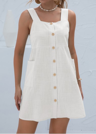 White dresses,Plain Color dresses,Button White Short A Line Square Neck Dress