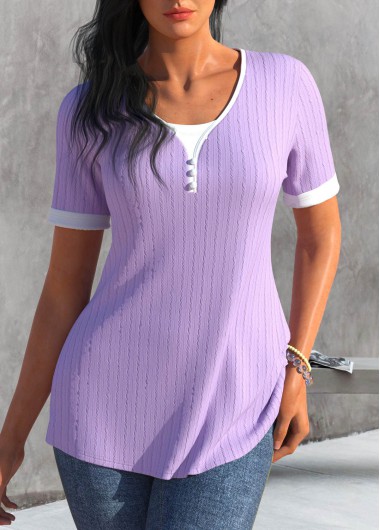 Light Purple tops,Contrast Color tops,ROTITA Button Light Purple Scoop Neck T Shirt