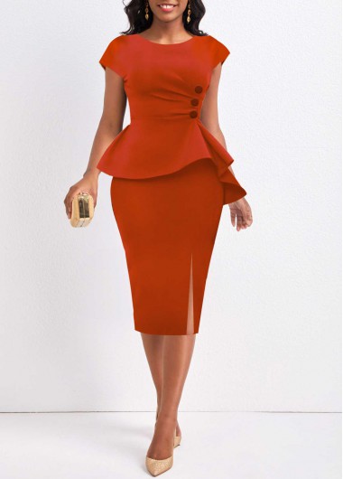 Brick Red dresses,Plain Color dresses,ROTITA Ruffle Brick Red Boat Neck Bodycon Dress