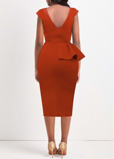 Brick Red dresses,Plain Color dresses,ROTITA Ruffle Brick Red Boat Neck Bodycon Dress