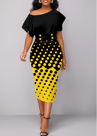 Yellow dresses,Black dresses,Dot dresses,ROTITA Polka Dot Yellow Round Neck Dress