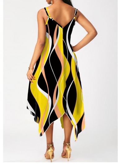 Multi Color dresses,Striped dresses,ROTITA Handkerchief Hem Wave Pattern Print Multi Color Dress