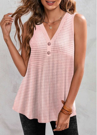 Pink tops,Plain Color tops,ROTITA Button Pink V Neck Tank Top