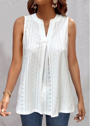 White tops,Plain Color tops,ROTITA White Split Neck Sleeveless Tank Top