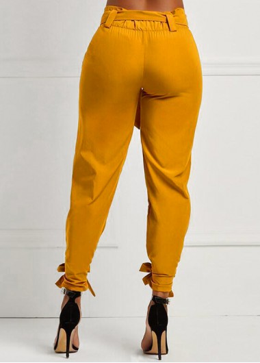 Yellow bottoms,Plain Color bottoms,ROTITA Belted Elastic Mid Waisted Black Pants