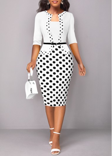 White dresses,Black dresses,Dot dresses,ROTITA Patchwork Polka Dot White Square Neck Bodycon Dress