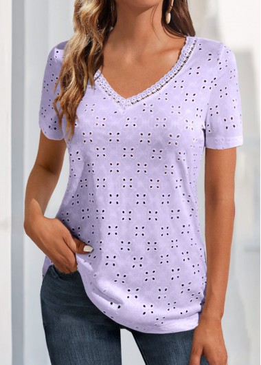 Light Purple tops,Plain Color tops,ROTITA Lace Light Purple V Neck T Shirt