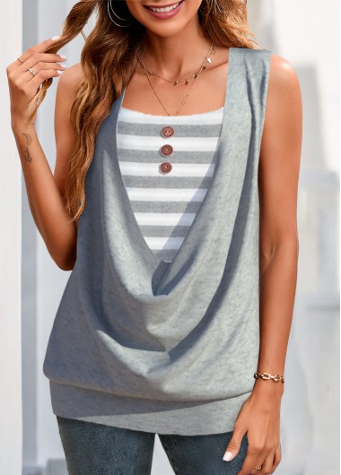 Light Grey tops,Striped tops,Geometric tops,ROTITA Fake 2in1 Striped Light Grey Tank Top