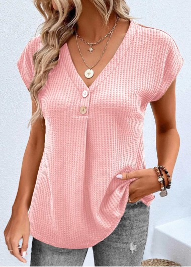 Pink tops,Plain Color tops,ROTITA Button Pink V Neck Short Sleeve T Shirt