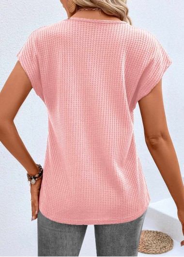 Pink tops,Plain Color tops,ROTITA Button Pink V Neck Short Sleeve T Shirt