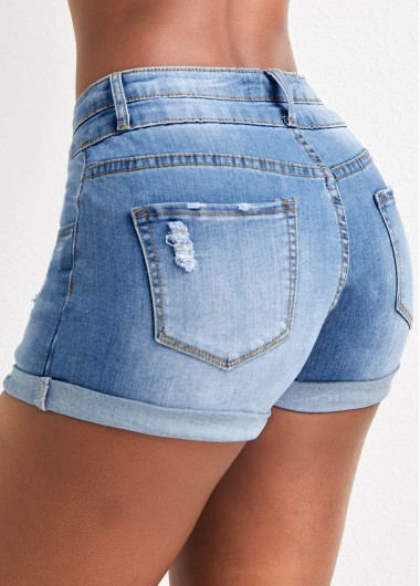 Denim Blue bottoms,Plain Color bottoms,Hole Denim Blue Skinny Zipper Fly Shorts