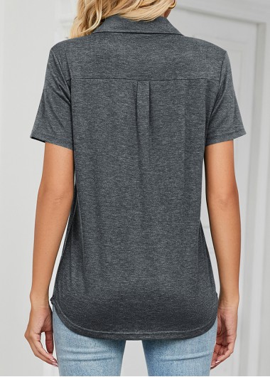 Dark Grey tops,Plain Color tops,Pocket Dark Grey Polo Collar T Shirt