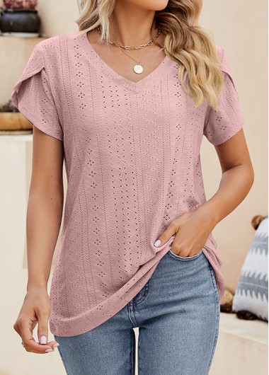 Dusty Pink tops,Plain Color tops,Lightweigh Dusty Pink V Neck T Shirt