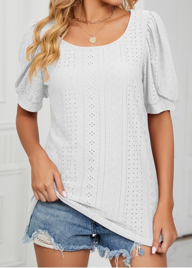 White tops,Plain Color tops,Hole White Round Neck Short Sleeve T Shirt