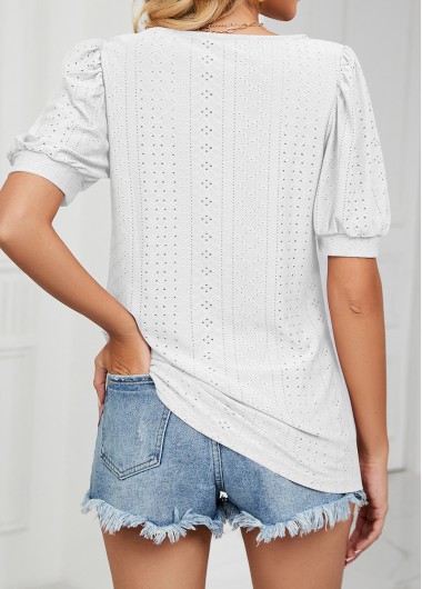 White tops,Plain Color tops,Hole White Round Neck Short Sleeve T Shirt