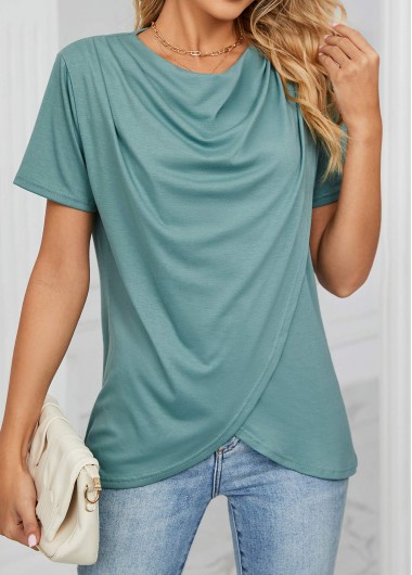 Green tops,Plain Color tops,Cross Hem Green Draped Neck T Shirt