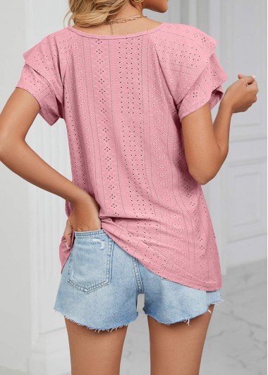 Dusty Pink tops,Plain Color tops,Jacquard Dusty Pink V Neck T Shirt