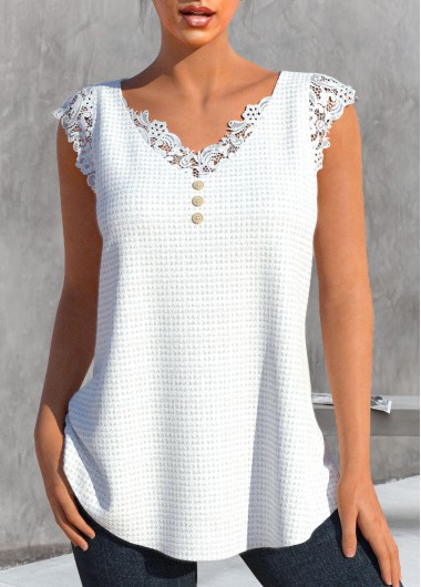 White tops,Plain Color tops,ROTITA Lace White V Neck Tank Top